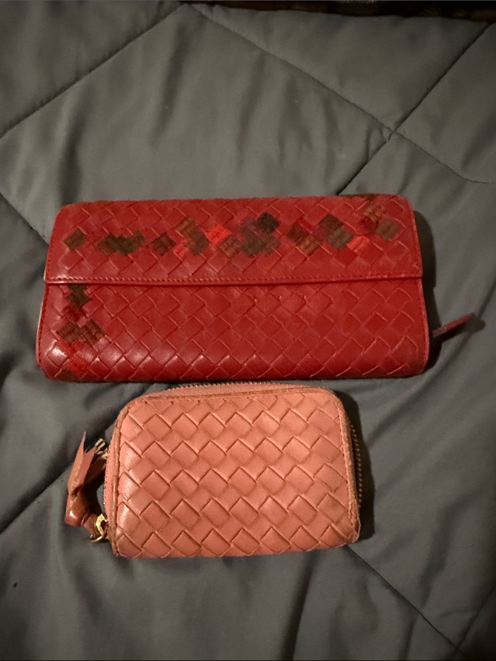 Bottega Woven Leather Red Wallet and Pink Card Pouch Set